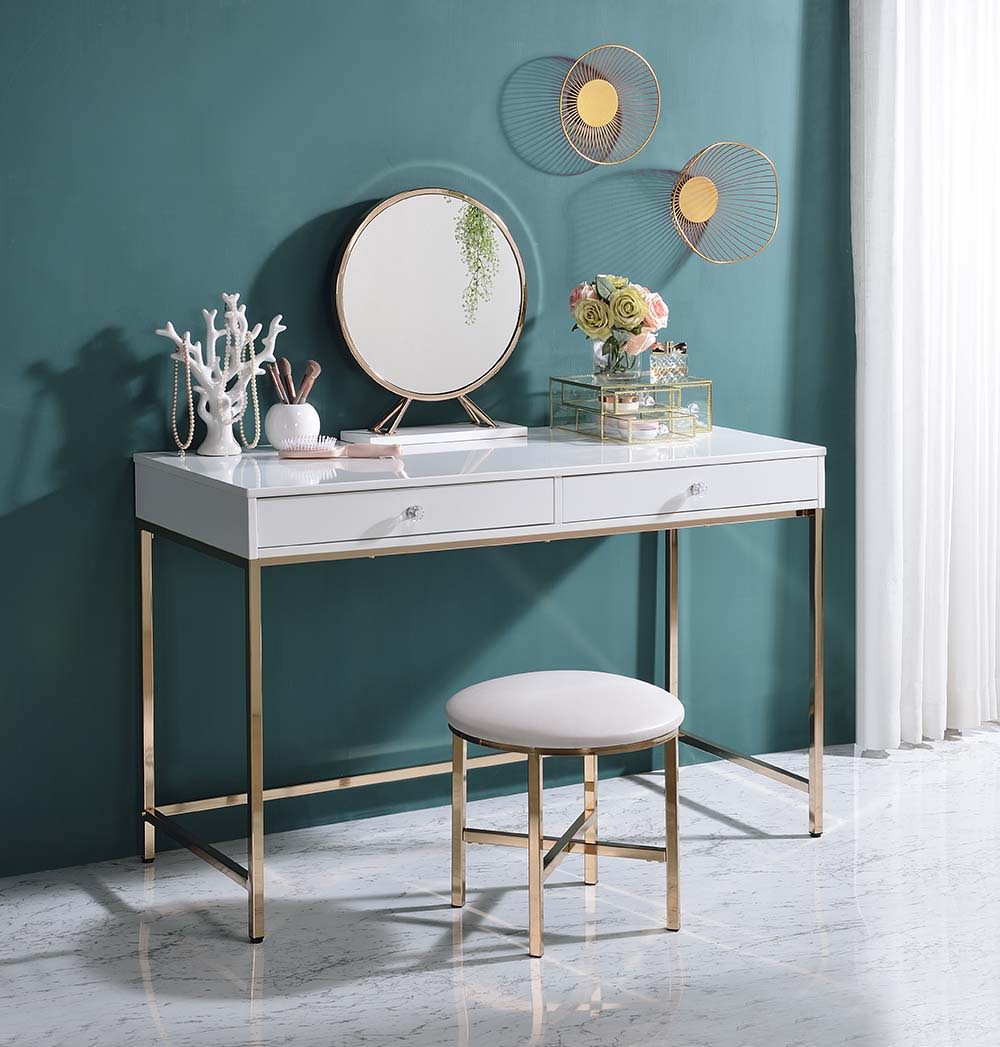 ACME Ottey - Vanity Desk - White High Gloss & Gold Finish | Meri Furniture