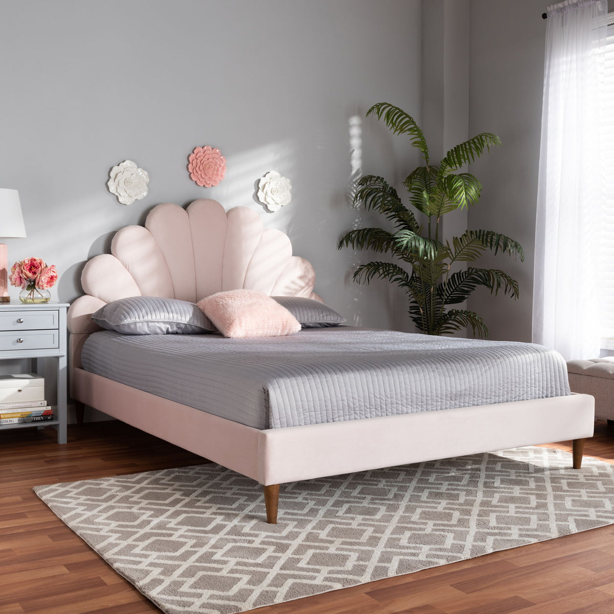 Odille Modern Glam Light Pink Velvet Upholstered Walnut Brown Finished Wood Queen Size Seashell Shaped Platform Bed