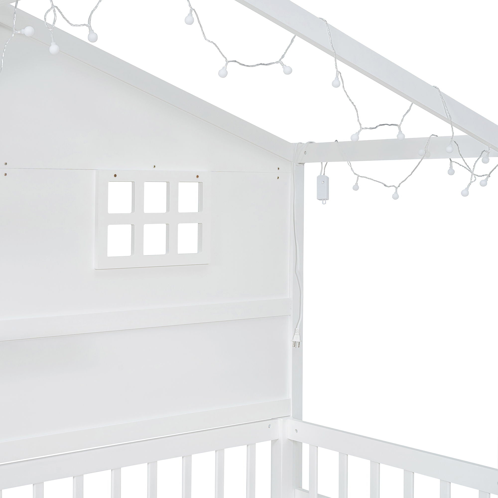 House Bed With Shelves, Window And Sparkling Light Strip On The Roof