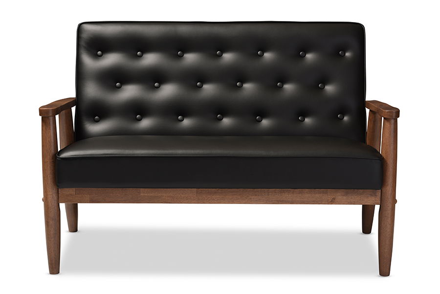 Sorrento Mid-century Retro Modern Black Faux Leather Upholstered Wooden 2-seater Loveseat