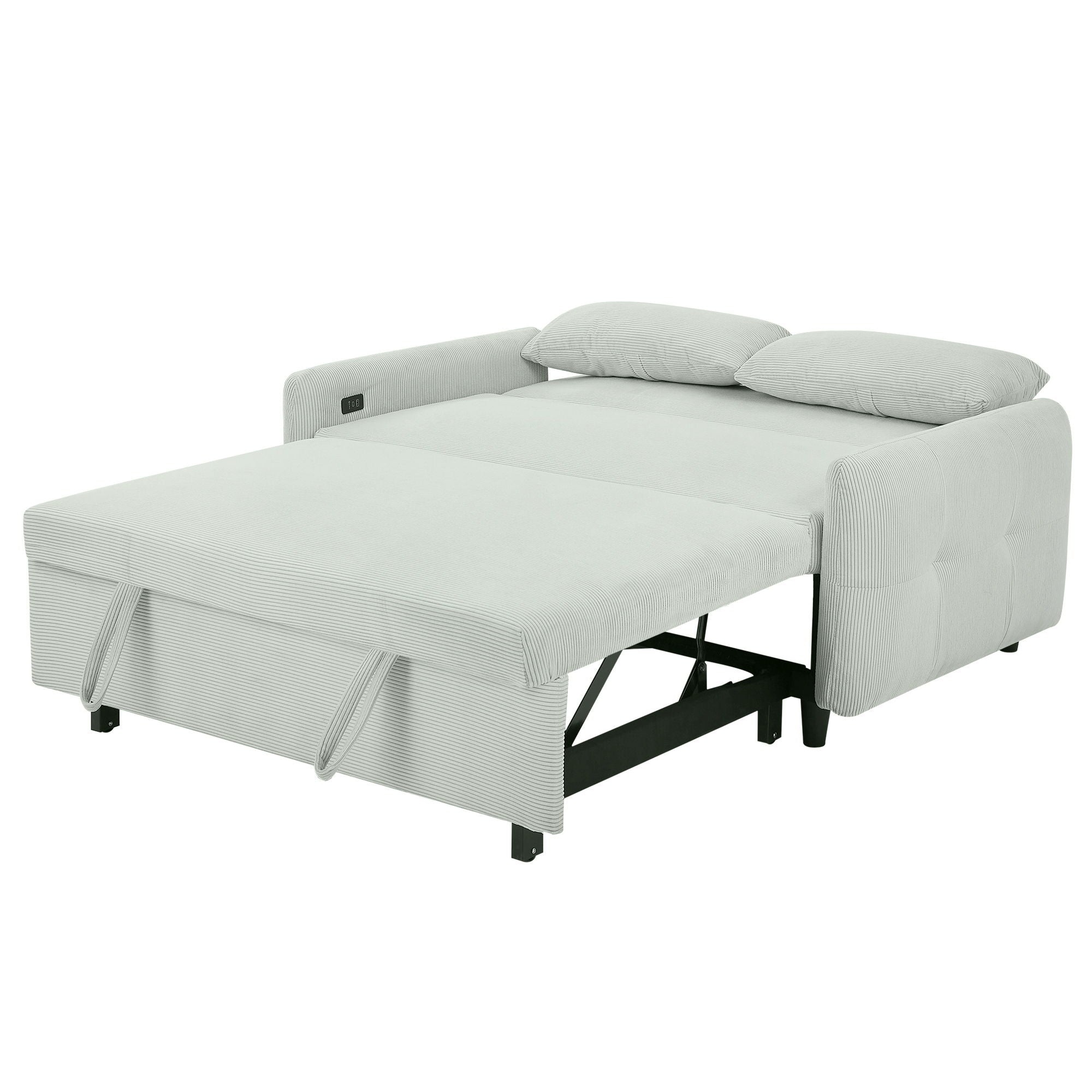 Pull-Out 2 Seat Modern Sleeper Sofa With 2 Throw Pillows And USB Ports