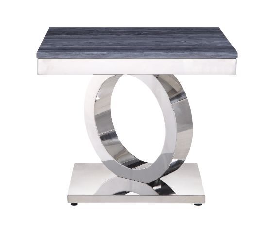 ACME Zasir - End Table - Gray Printed Faux Marble & Mirrored Silver Finish | Meri Furniture