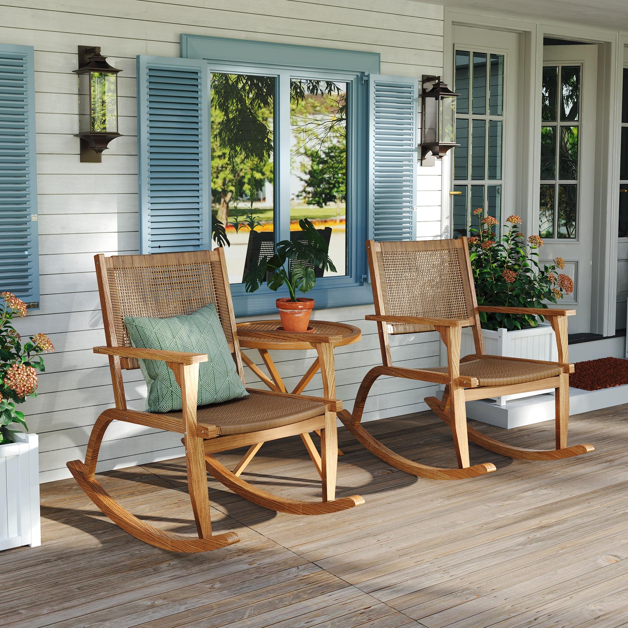 2-Pieces Patio Rocking Chair Set, Acacia Wood Outdoor Rockers with Wicker Rattan Seat & Backrest