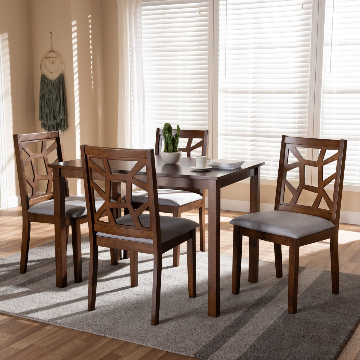 Abilene Mid-Century Walnut Finished and Grey Fabric Upholstered 5-Piece Dining Set