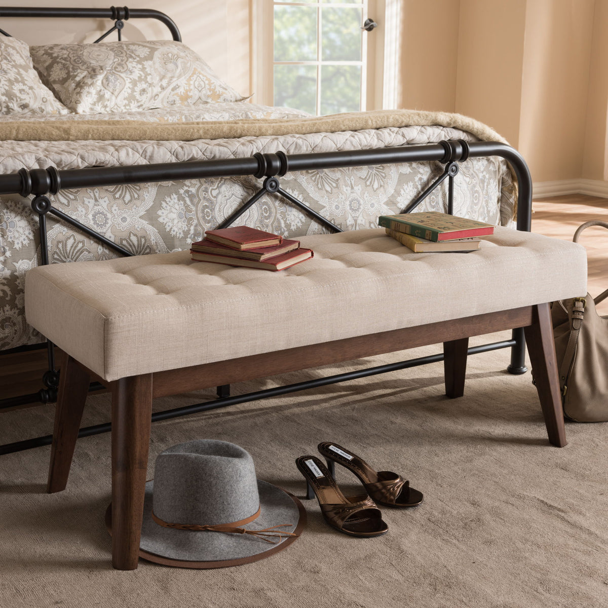 Elia Mid-Century Modern Walnut Wood Light Beige Fabric Button-Tufted Bench