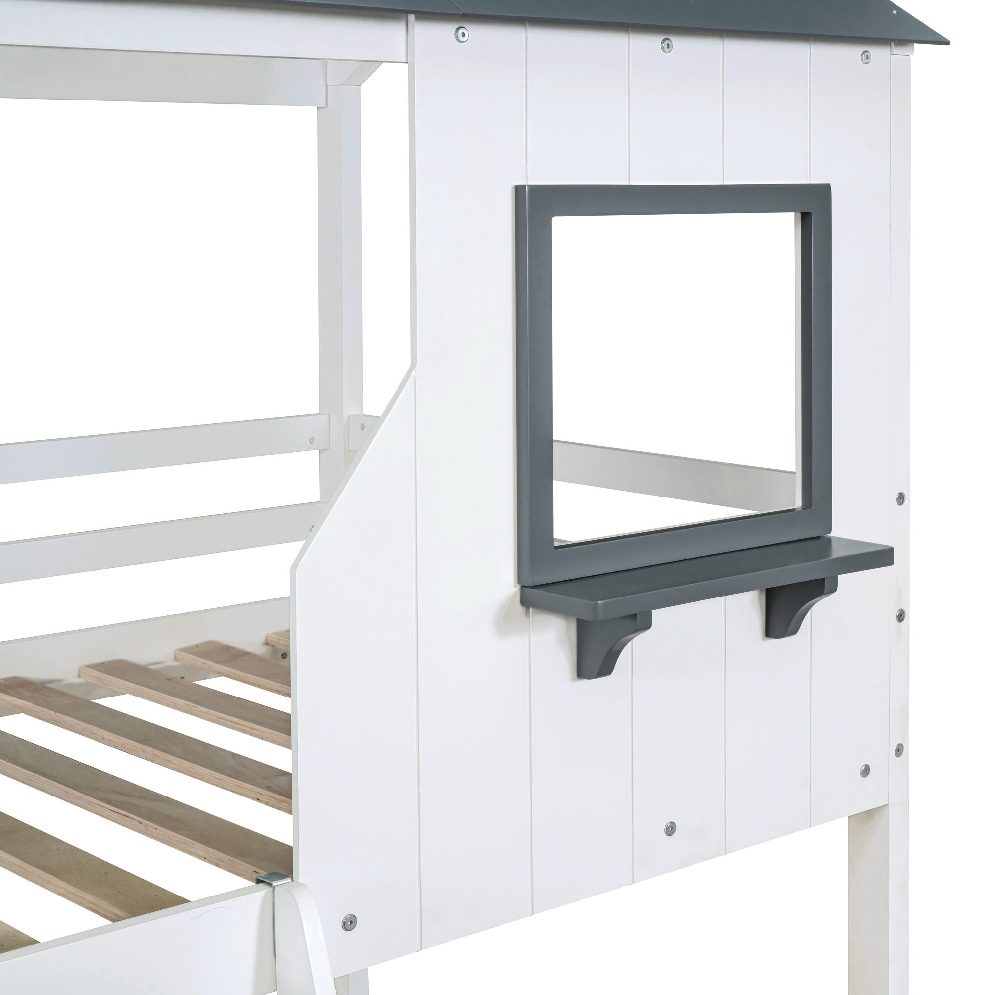 Twin Over Twin Bunk Bed With Roof, Window, Guardrail, Ladder