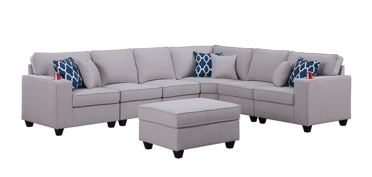 Cooper 125"W Light Gray Linen 7Pc Reversible L-Shape Sectional Sofa with Ottoman and Cupholder