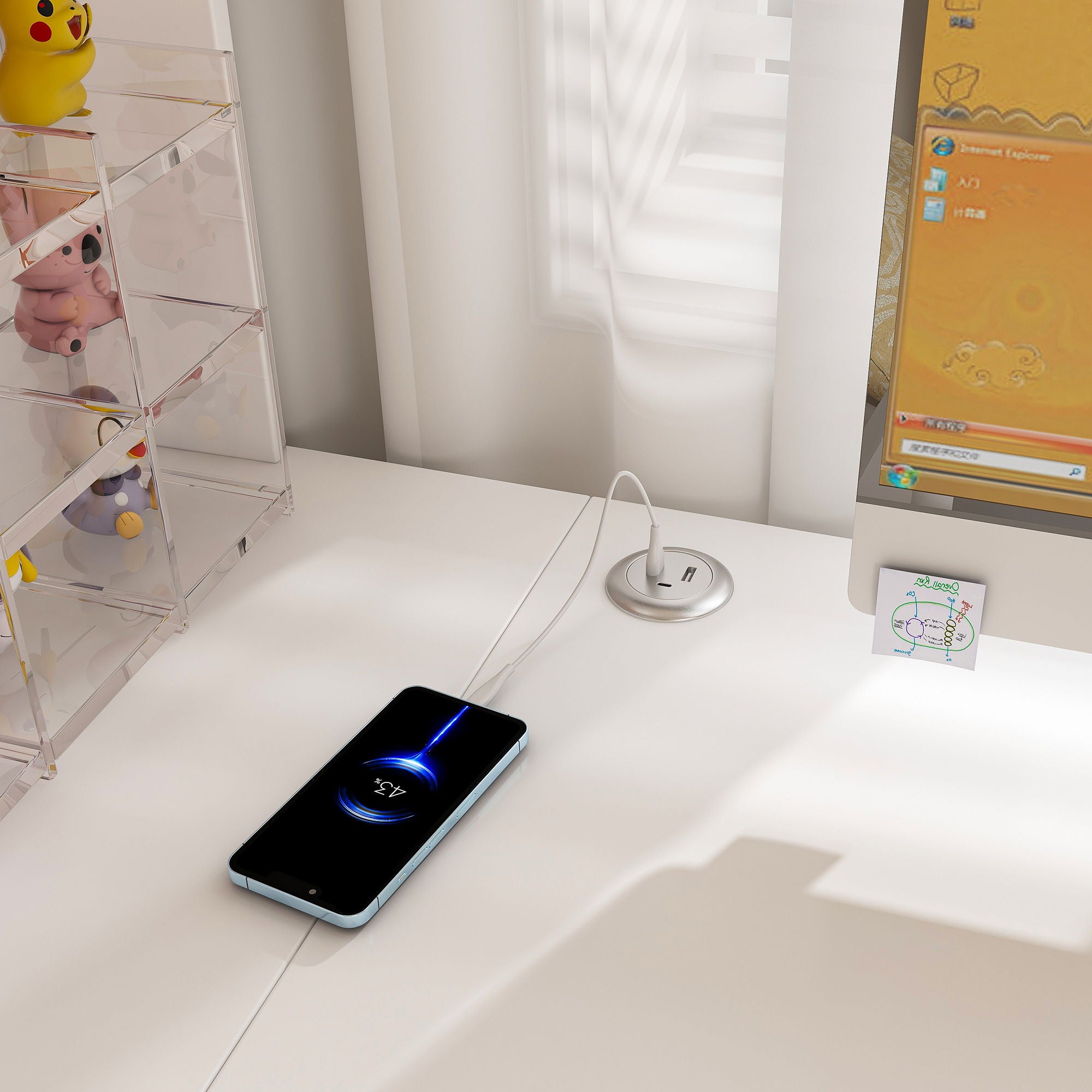 L-Shaped Computer Desk With Glass Cabinets, Built In LED Lights, USB Charging Ports