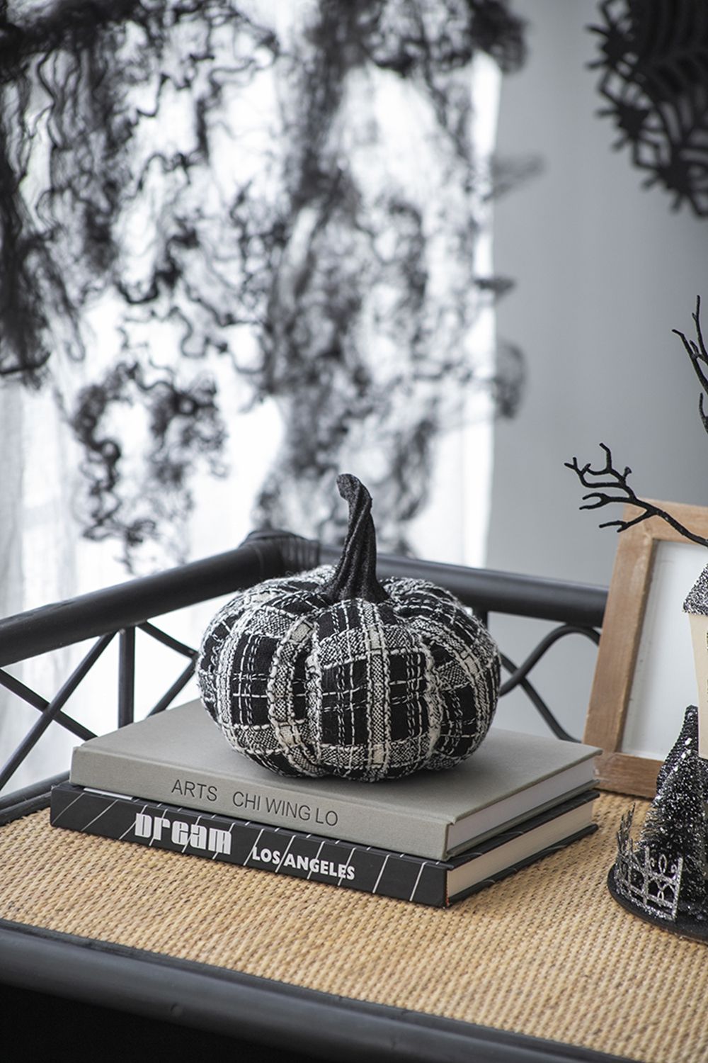 Light Plaid Pumpkin, For Holiday Halloween Decor - Black / White