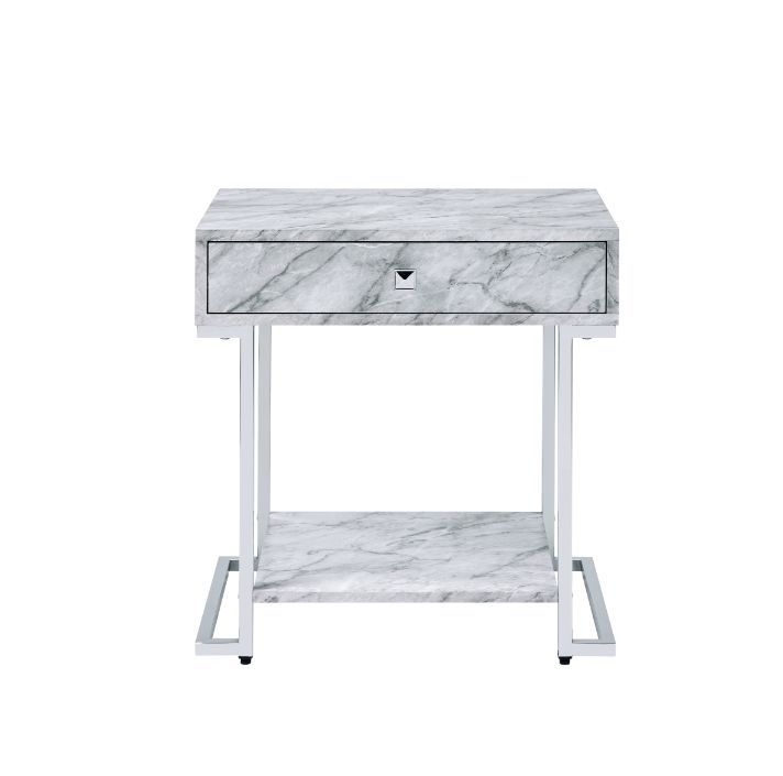 ACME Wither - Accent Table - White Printed Faux Marble & Chrome Finish | Meri Furniture