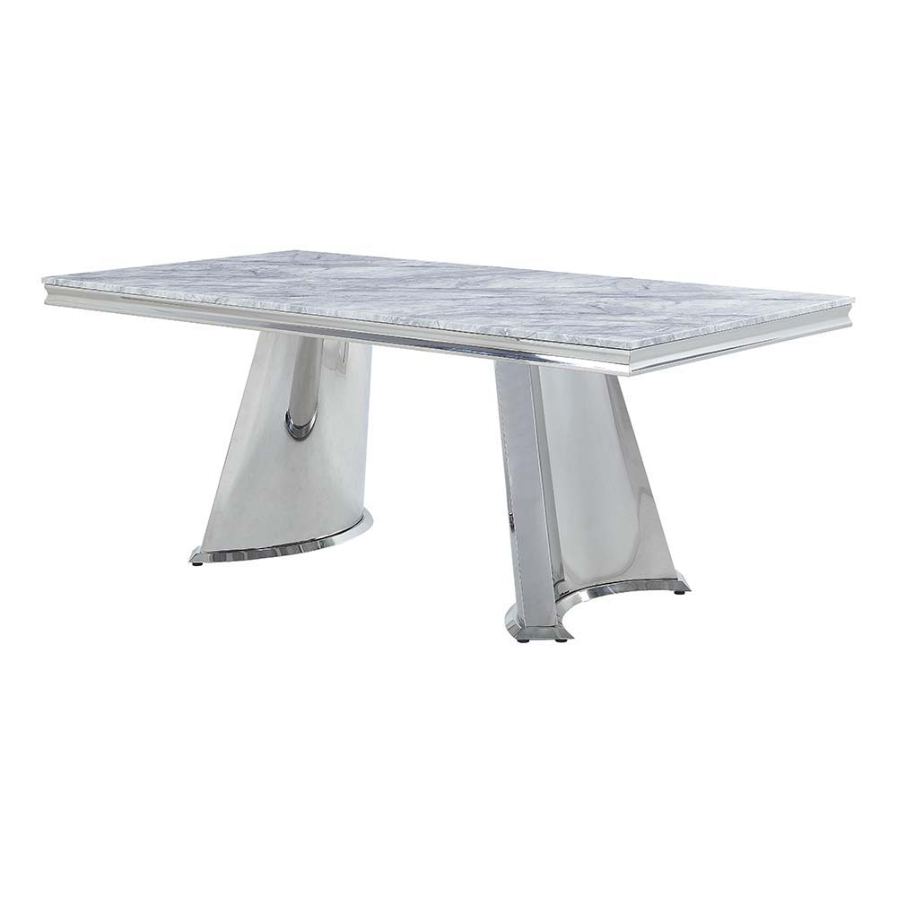 ACME Destry Dining Table - Faux Marble Top & Mirrored Silver Finish | Meri Furniture