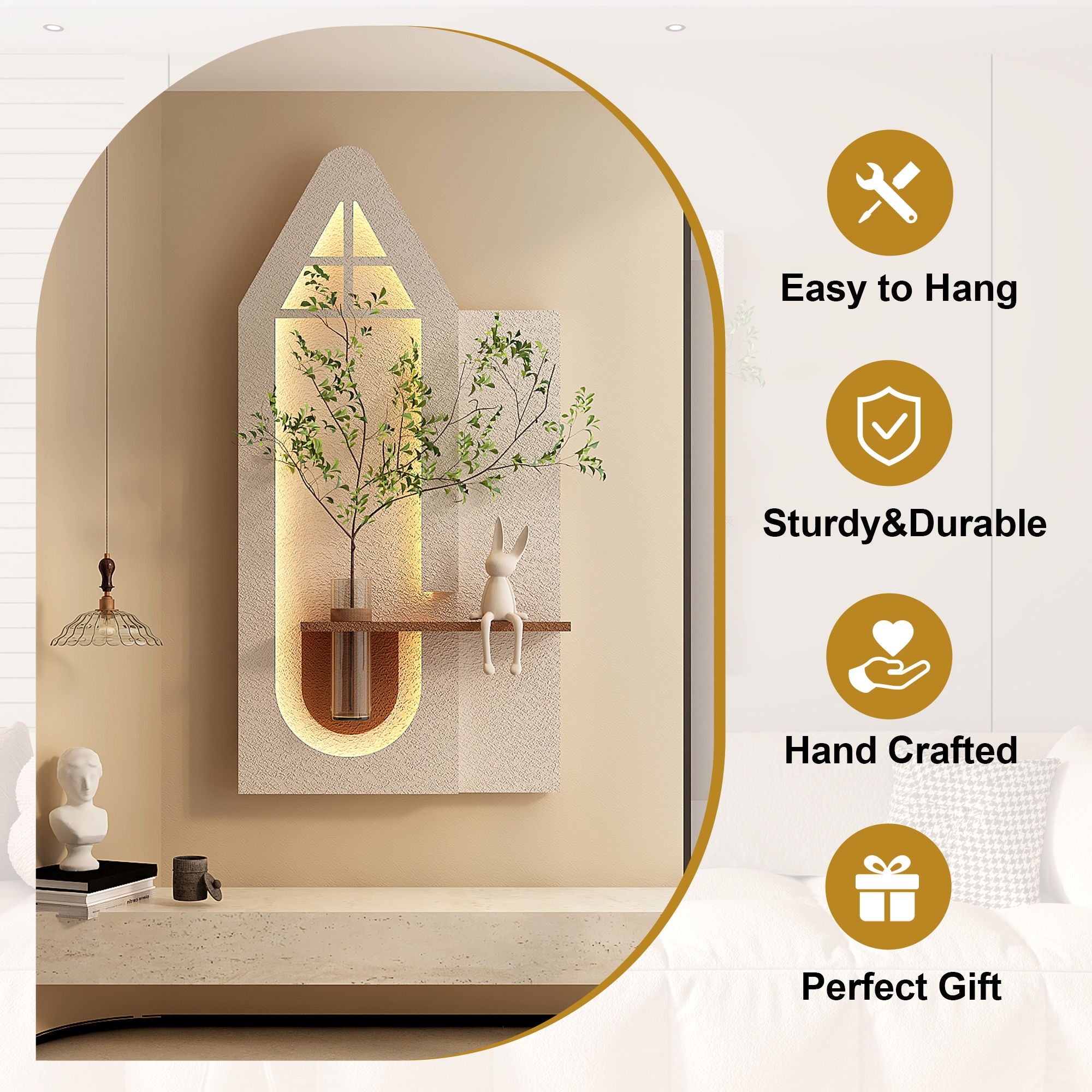 Adjustable 3 Color LED Sandstone Wall Decor With Simulated Plants, Glass Vase & Rabbit Statue - Light Coffee