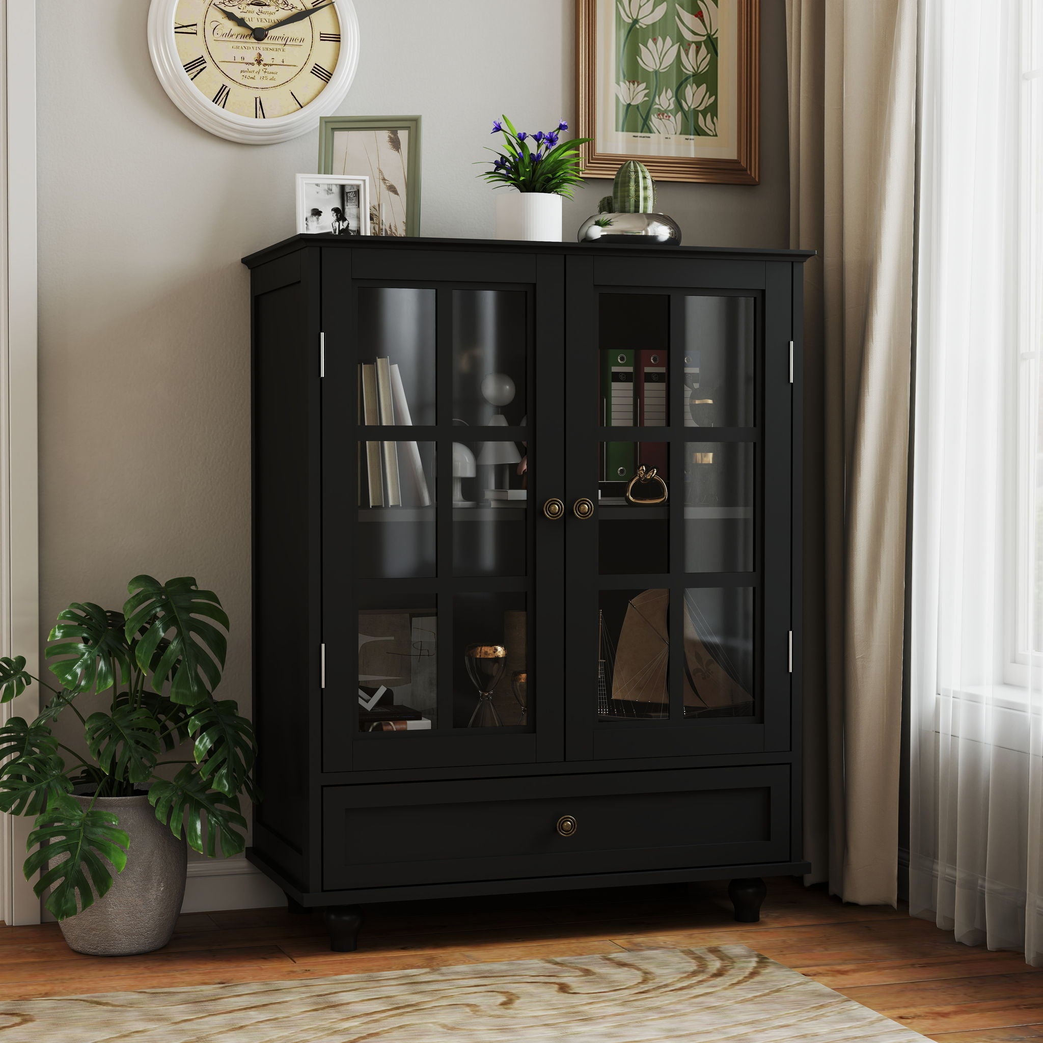 Minimalist Buffet Cabinet With Double Glass Doors And Drawer