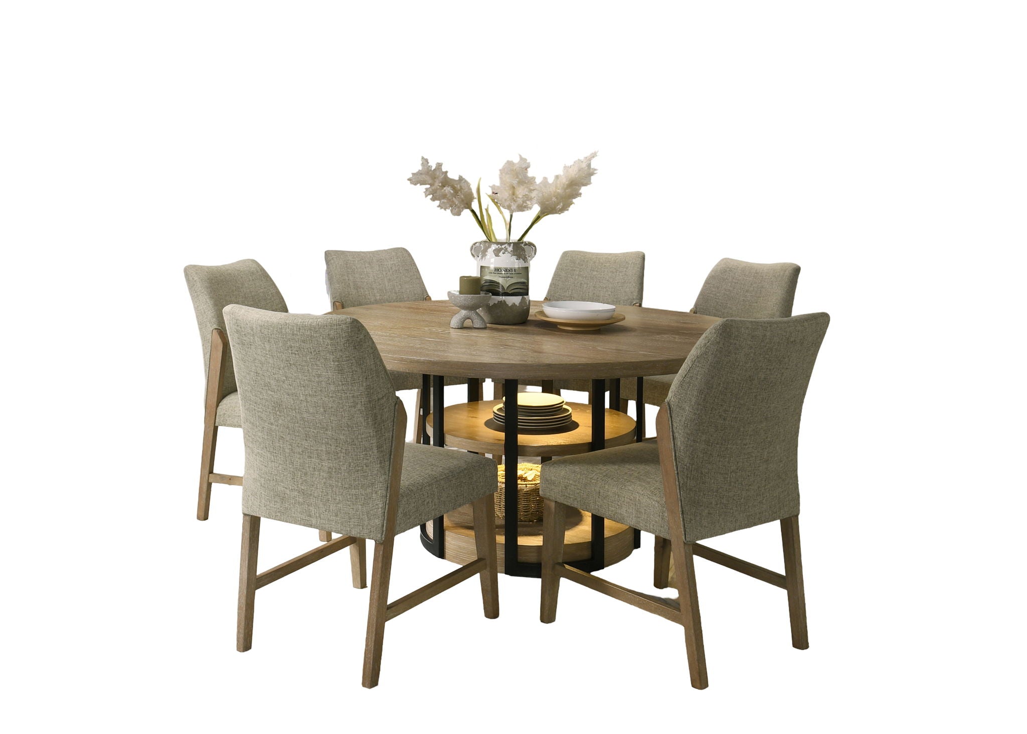 Eden 7Pc 59" Round Rustic Oak Dining Set with LED Light, Black Metal Table Frame, Shelves, Beige Linen Chairs