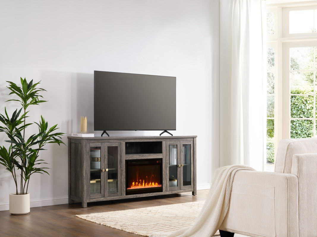 Ellington 70"W Gray Walnut Finish Fireplace TV Stand Console with Heater, LED Light, Cabinets, Shelves