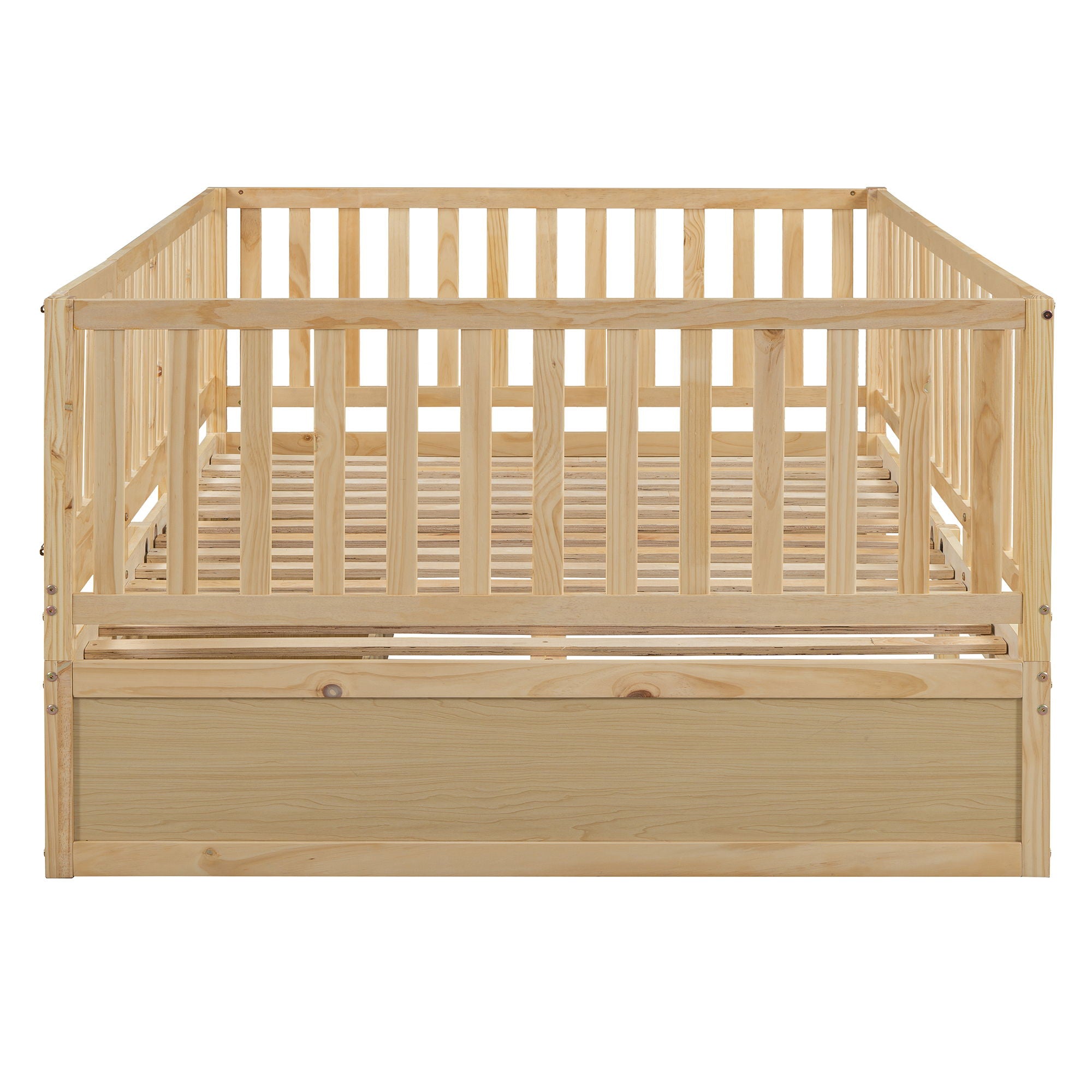 Daybed With Fence Guardrails And 2 Drawers, Split Into Independent Floor Bed & Daybed
