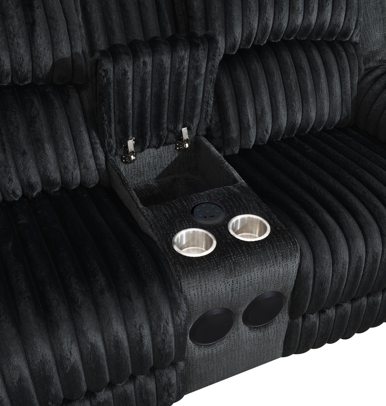 U161 - Corduroy Power LED Reclining Loveseat With Bluetooth Speaker - Black