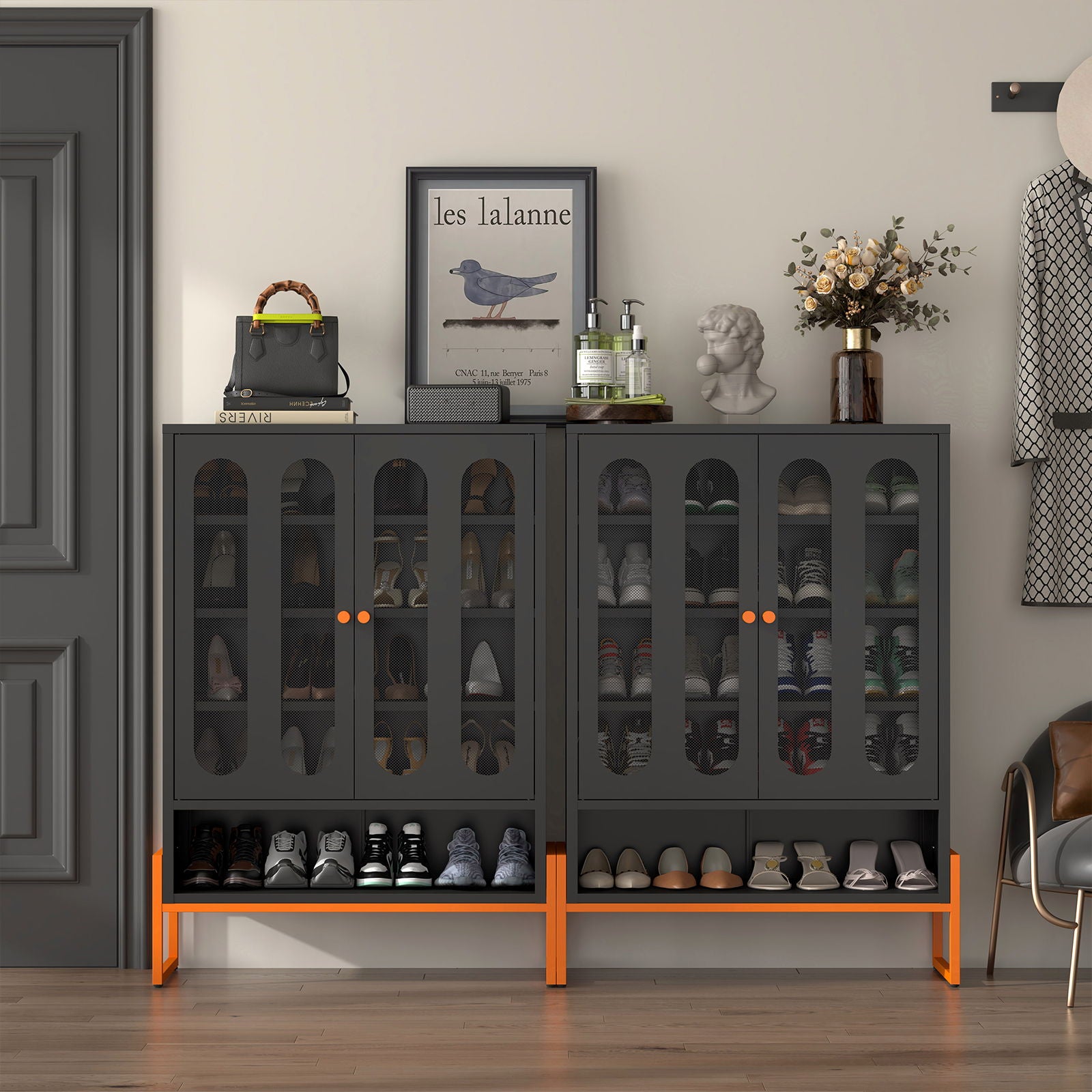 Modern Metal Shoe Cabinet With DoublebSided Mesh Doors And Adjustable Partitions