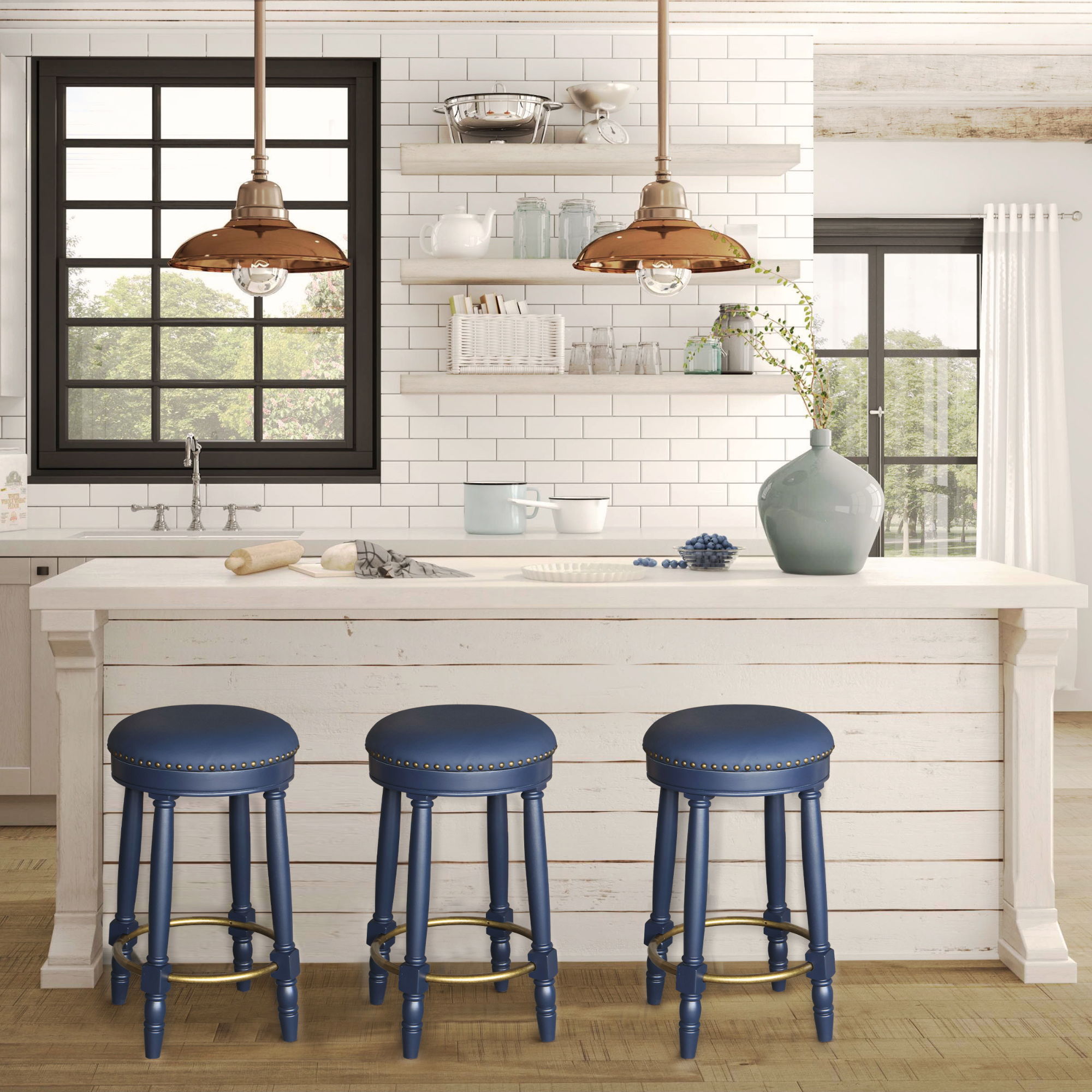 360° Swivel Wooden Barstools With Upholstered Seat, Counter Height (Set of 2)