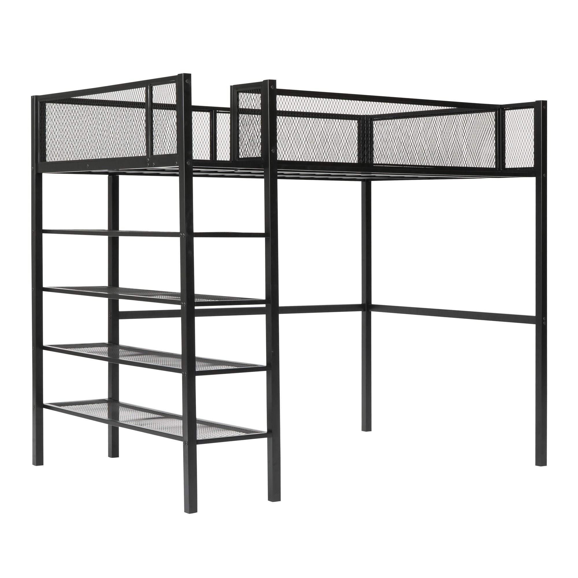 Loft Bed With 4 Tier Shelves And Storage