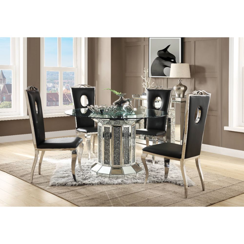 ACME Noralie - Dining Table - Mirrored & Faux Diamonds - Wood - 30" | Meri Furniture