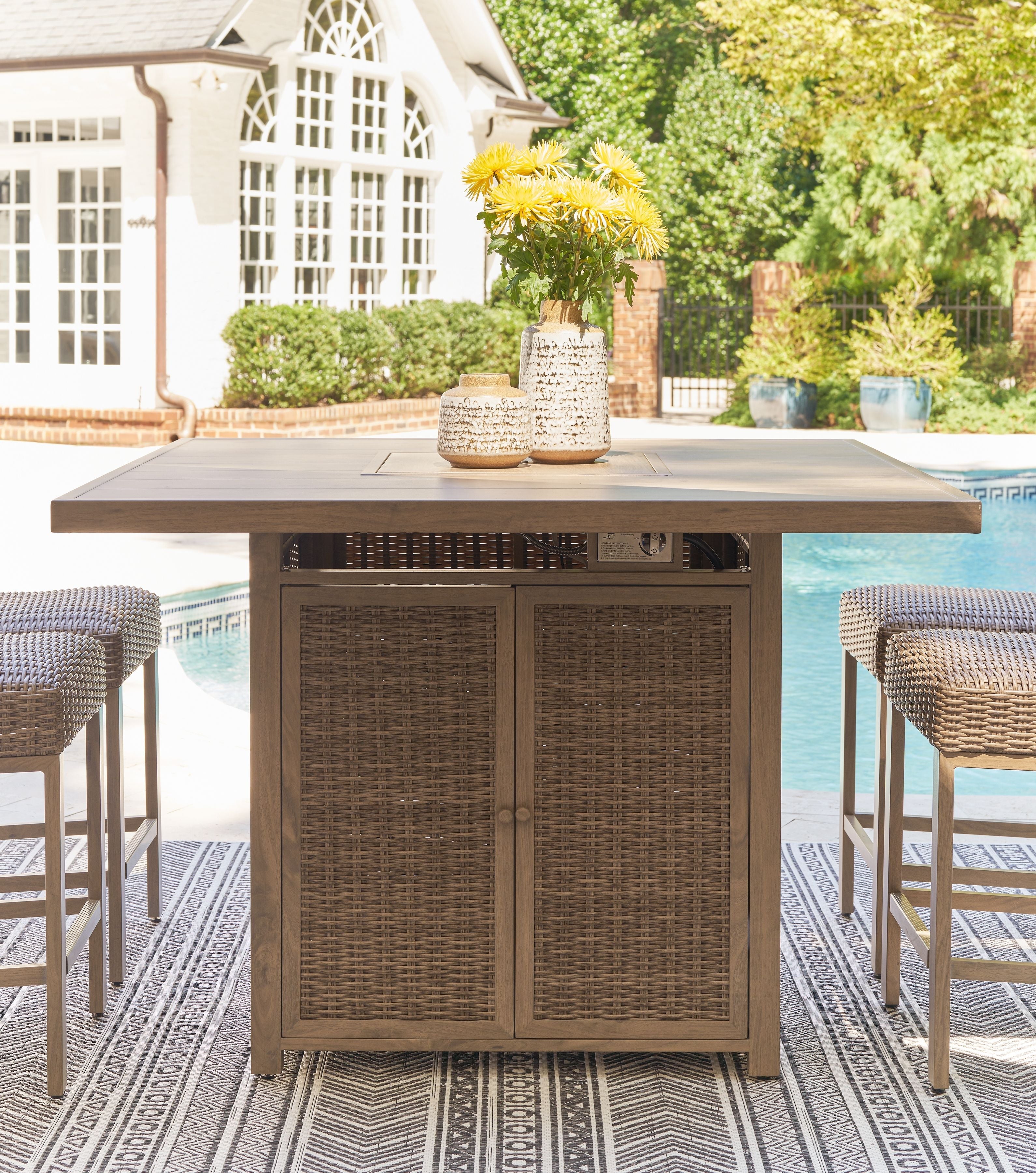 Signature Design by Ashley® Walton Bridge - Driftwood - Square Bar Table W/Fire Pit | Meri Furniture