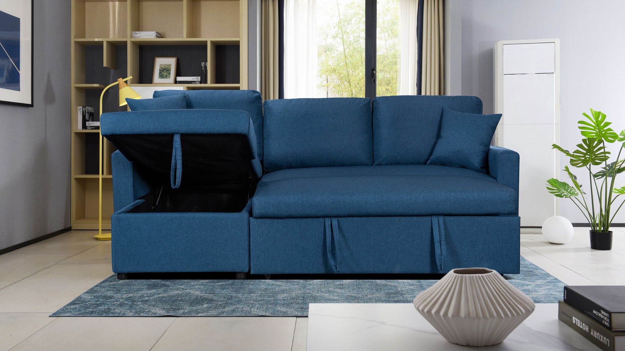 Paisley 82"W Blue Linen Fabric Reversible Sleeper Sectional Sofa with Storage Chaise