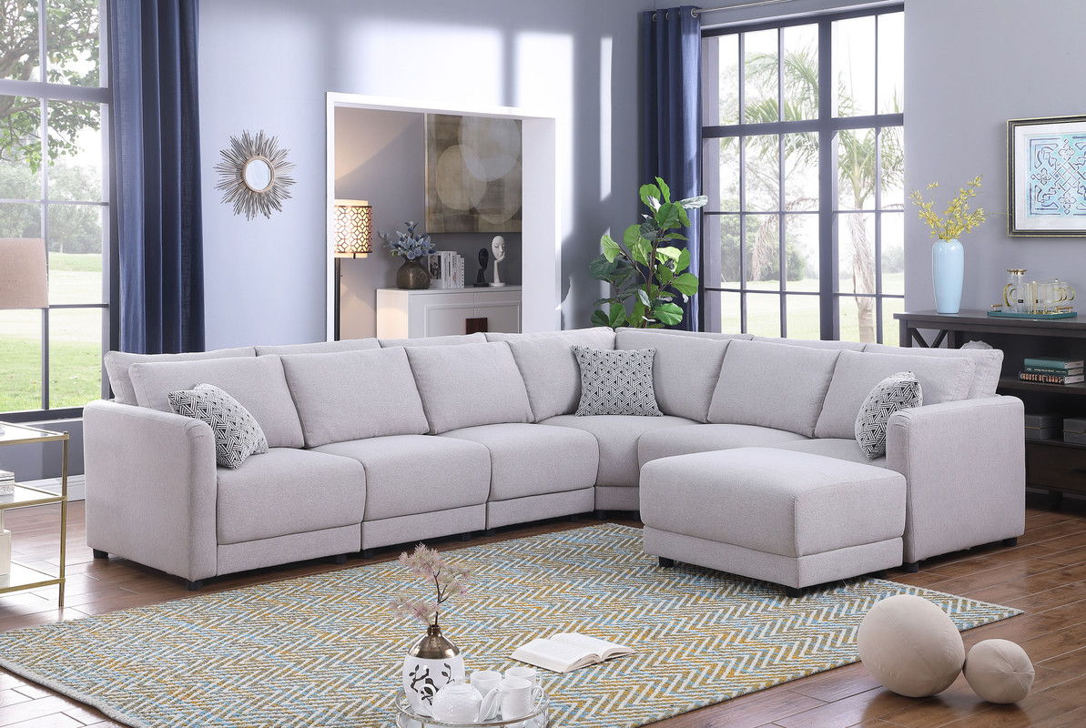 Penelope 120"W Light Gray Linen Fabric Reversible 7PC Modular Sectional Sofa with Ottoman and Pillows