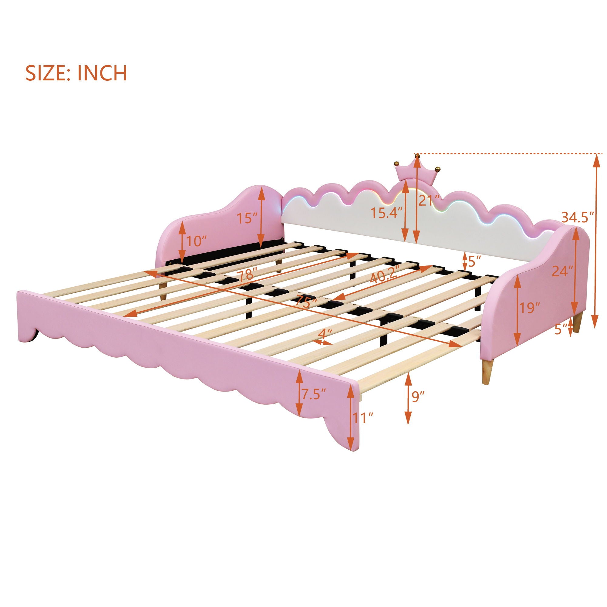 Extending Daybed With LED Lights, Modern Upholstered Princess Daybed With Crown Headboard