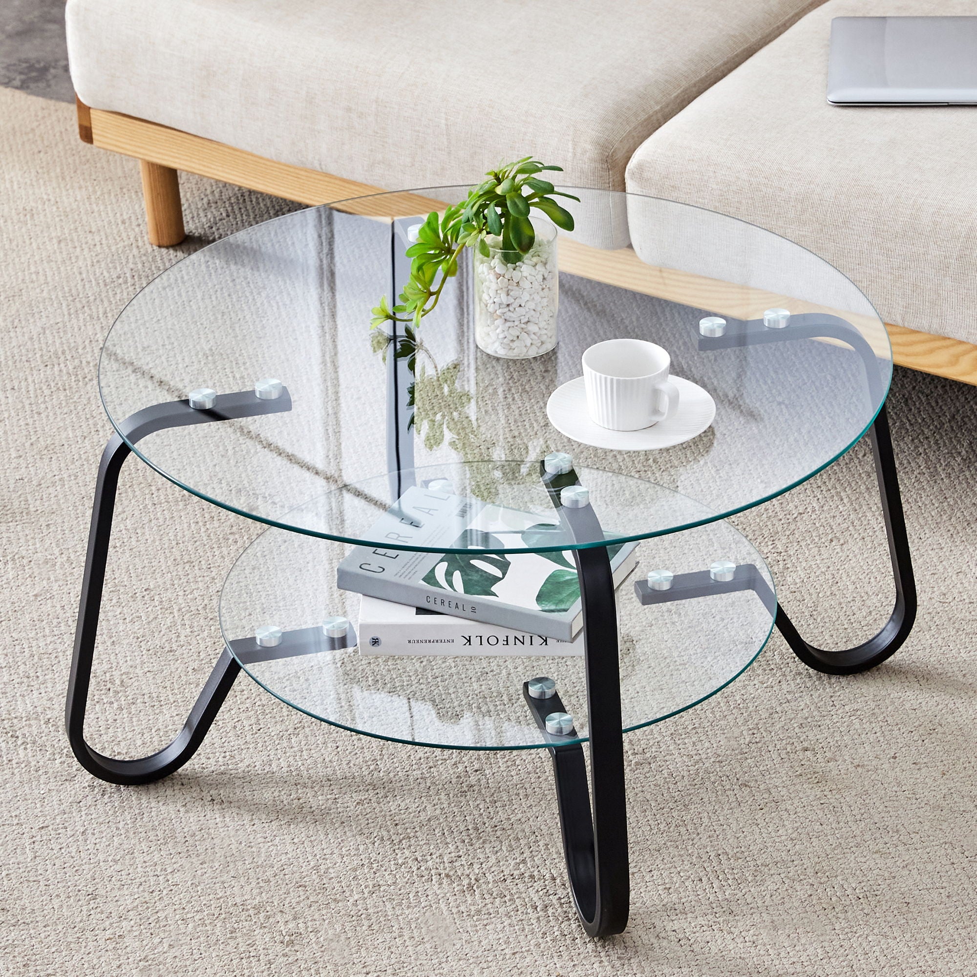 Retro Minimalist Style Metal Frame Double Layer Tempered Glass Coffee Table