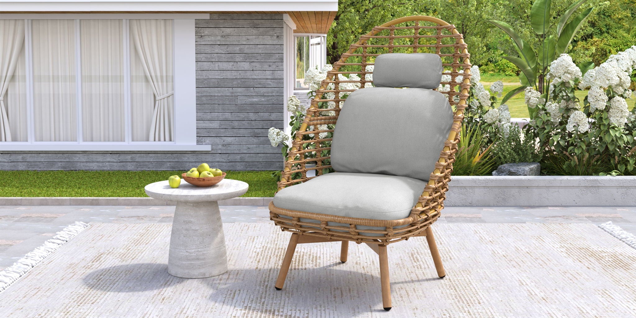 Ellis - Outdoor Wicker High Back Lounge Chair, Teak Finished Leg - Light Brown / Beige