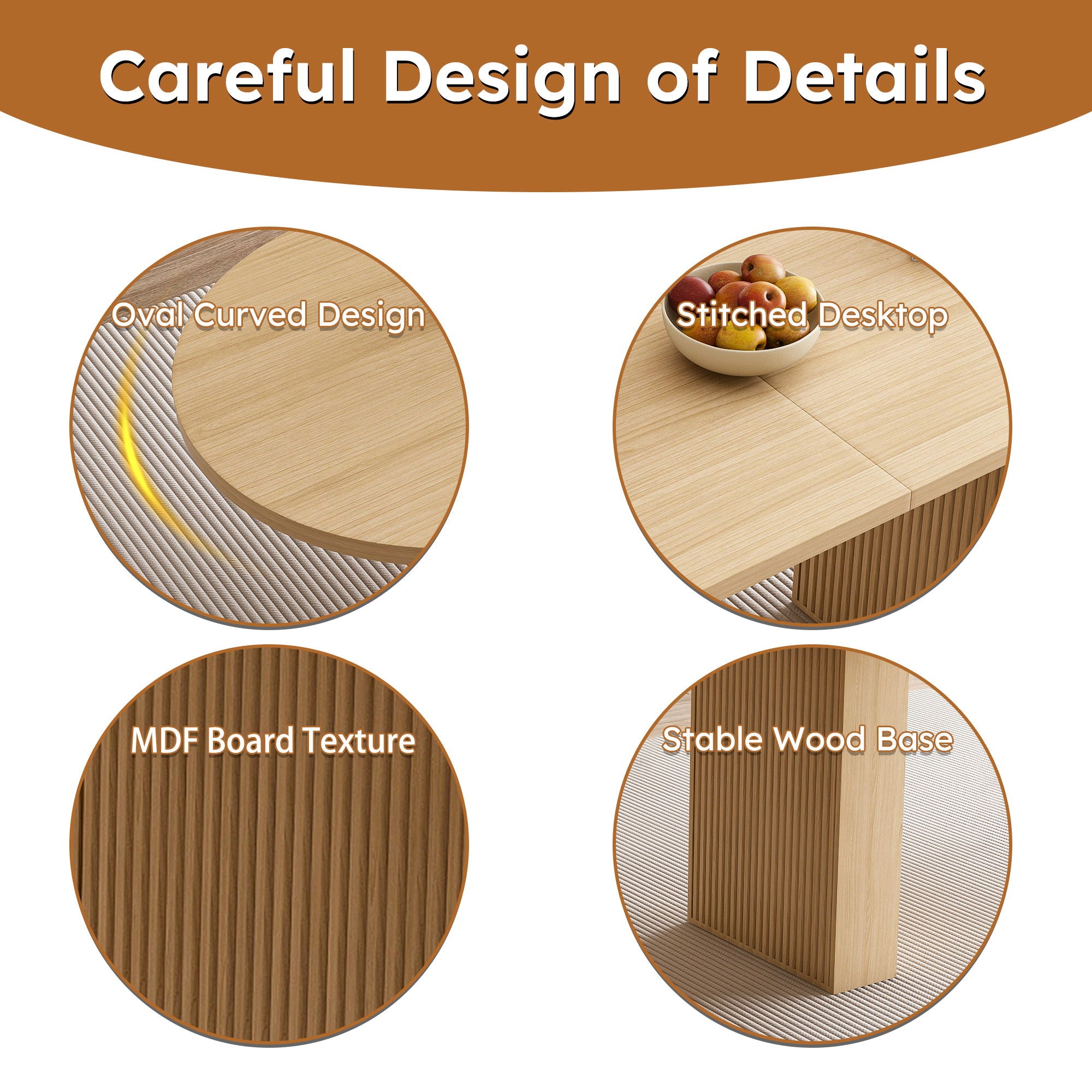 Oval Dining Table For 6 People With Wood Strip Base - Burly Wood