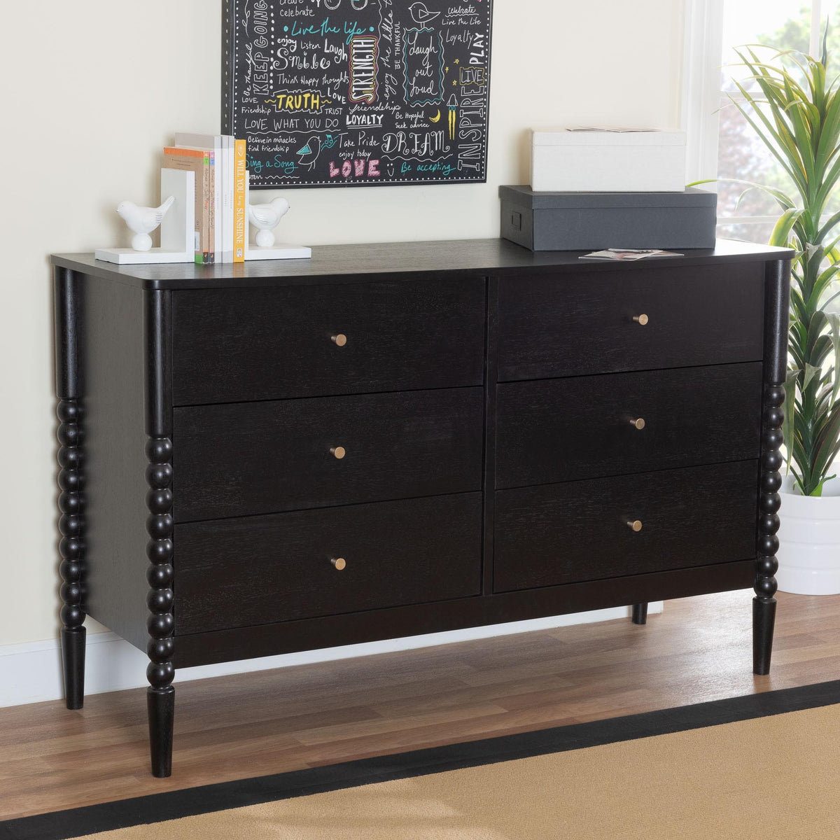 Lucera Mid-Century Black Bobbin Wood 6-Drawer Dresser