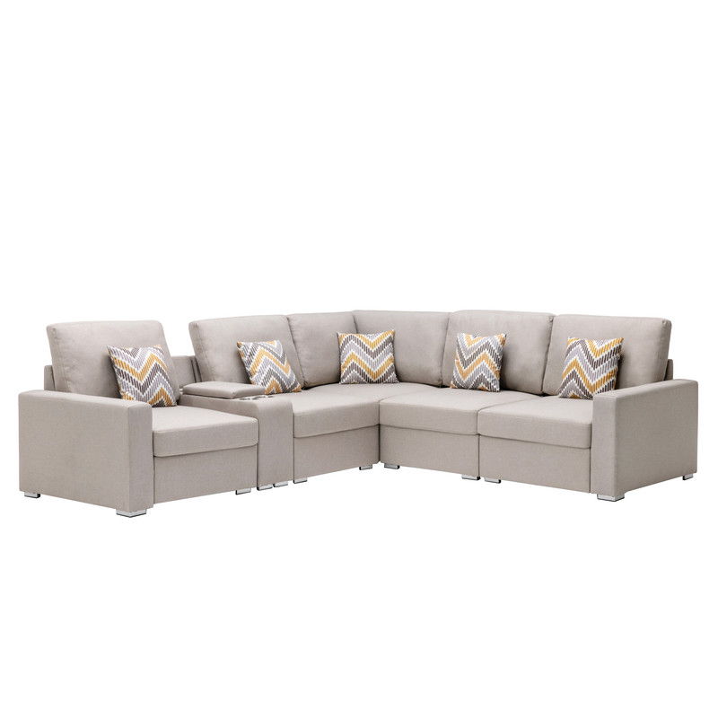 Nolan 106"W Beige Linen Fabric 6Pc Reversible Sectional Sofa with a USB, Charging Ports, Cupholders, Storage Console Table and Pillows and Interchangeable Legs