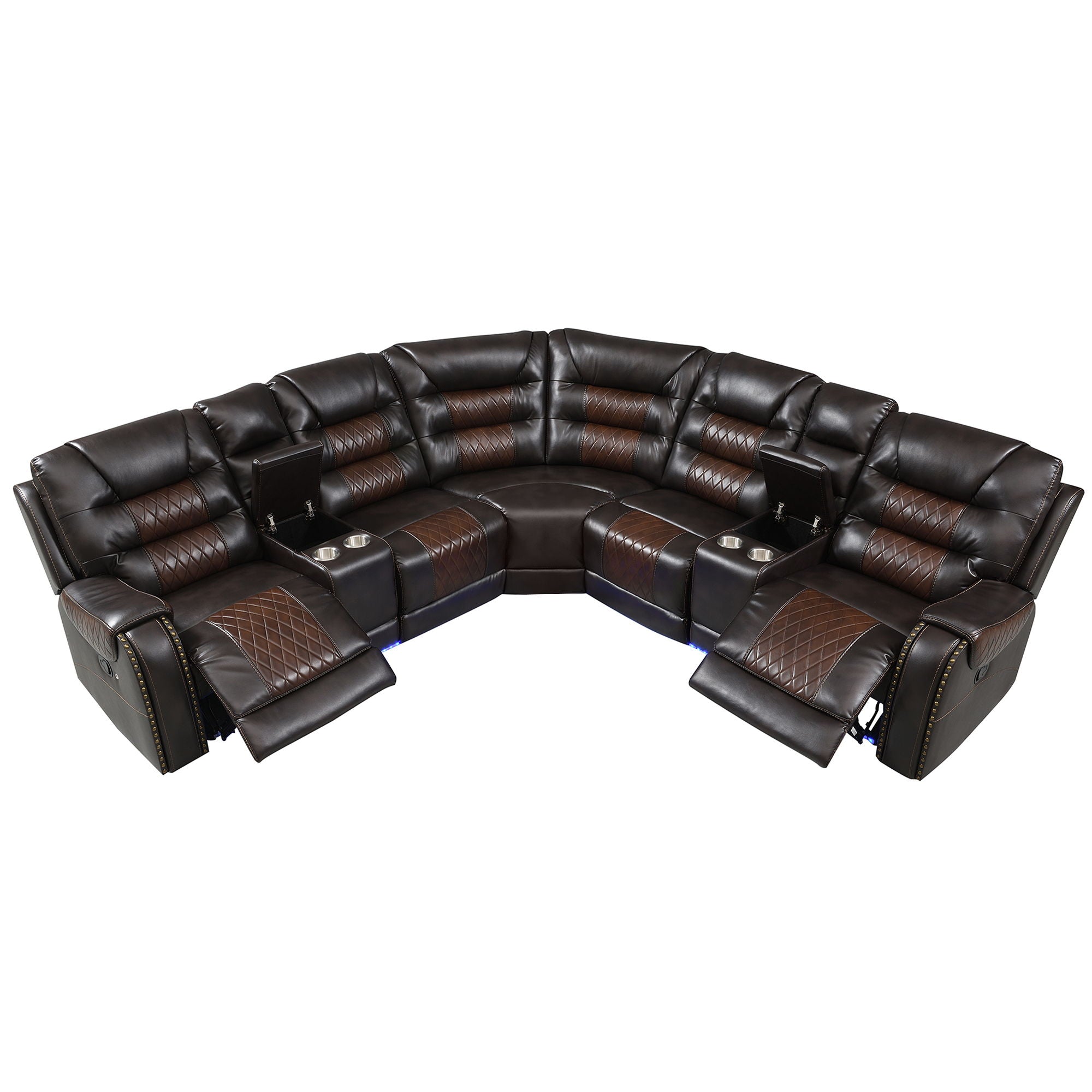 Manual Reclining Sectional Sofa Set, L Shaped Symmetrical Motion Sofa Corner Couch Sets With Storage Boxes, 4 Cup Holders And LED Light Strip For Living Room