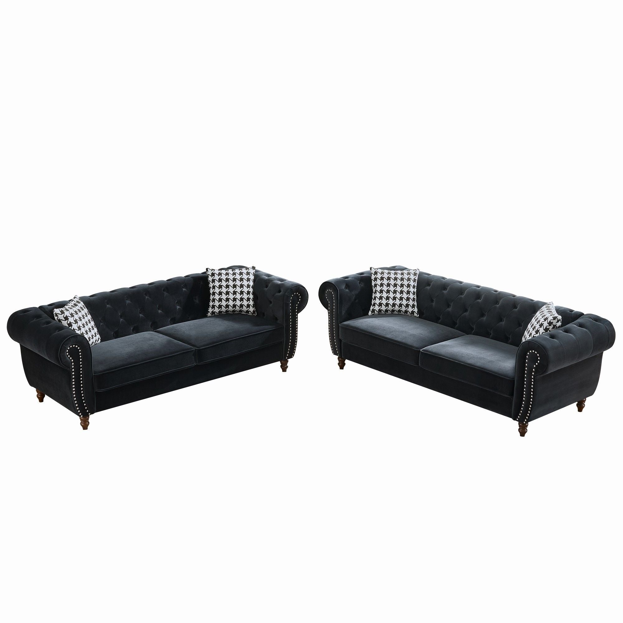 Chesterfield Velvet Upholstery Fabric Sofa With Roll Armrest & Nailhead, Mid Century Modern 3 And 3 Seater Couch