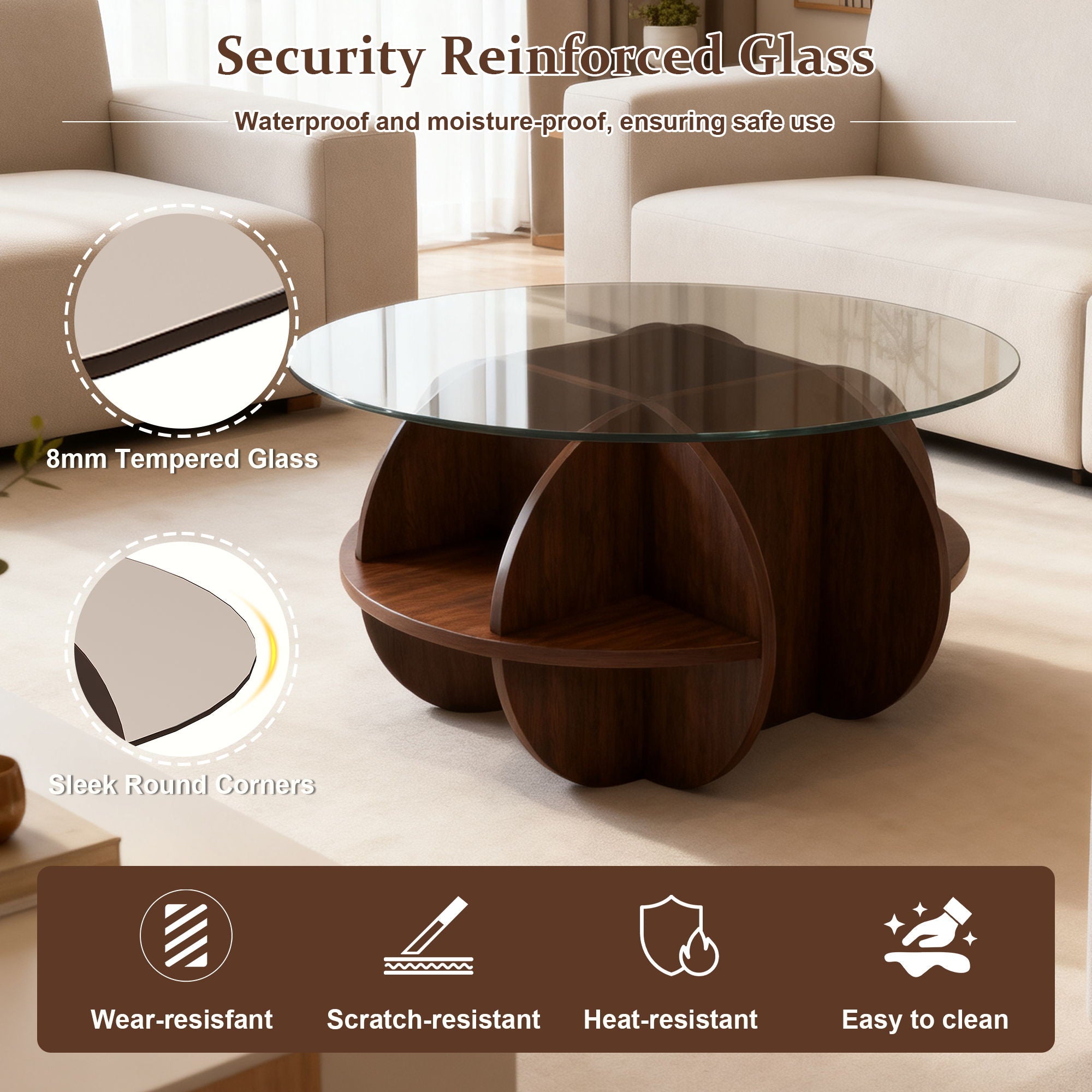 Round Coffee Table With Storage For Living Room - Walnut