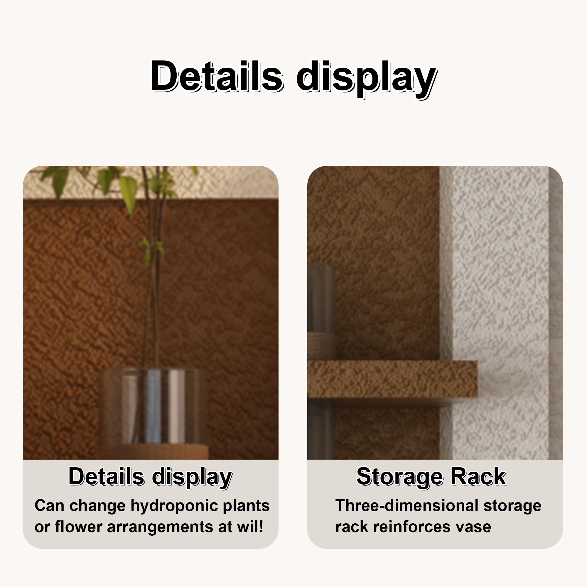 3D LED Sandstone Wall Decor With Simulated Plants, Glass Vase & Remote Control - Light Coffee