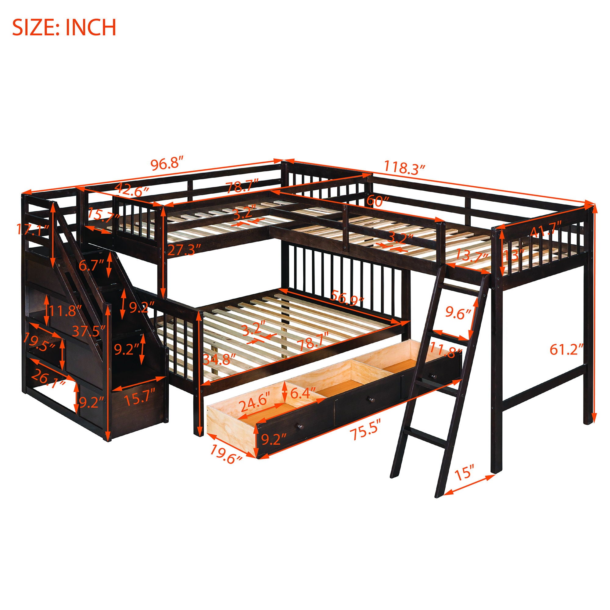 Solid L Shaped Bunk Bed With 3 Drawers, Ladder And Staircase