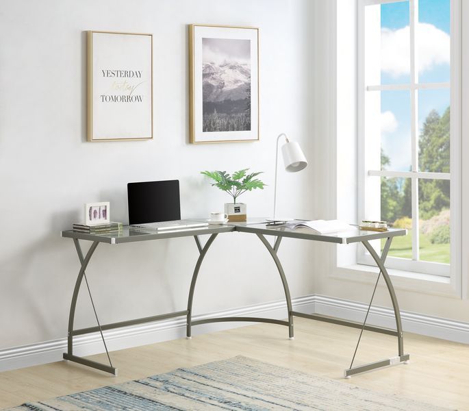 ACME Corner Computer Desk Orientation: "L" Shape Metal Frame BaseRectangular Table Top w/Tempered Glass | Meri Furniture