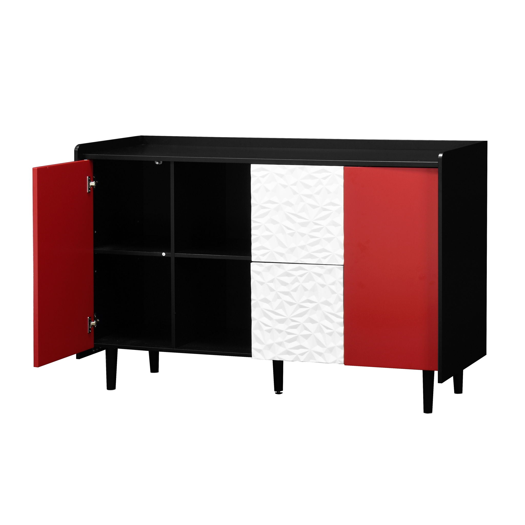Modern Sideboard Buffet Cabinet With Red Doors And Unique Panel Styling