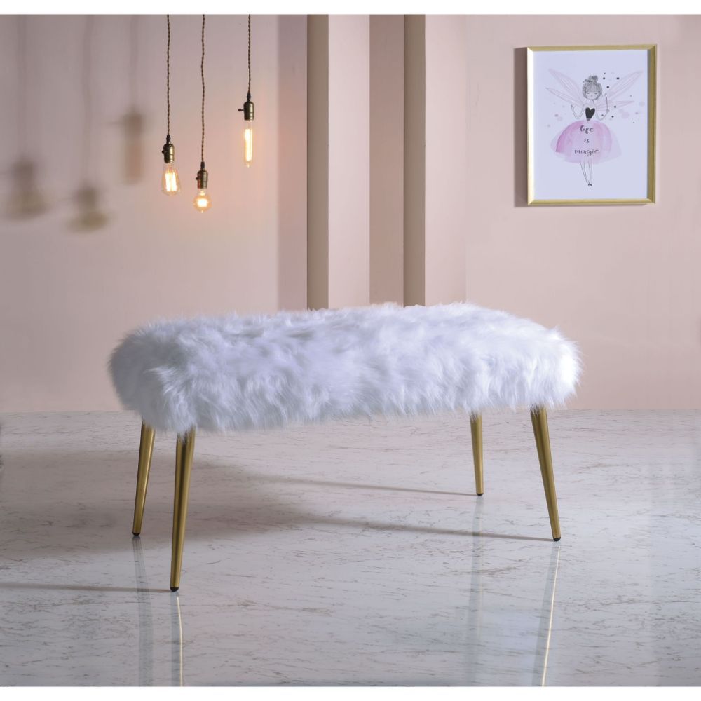ACME Bagley II - Bench - White Faux Fur & Gold - 20" | Meri Furniture