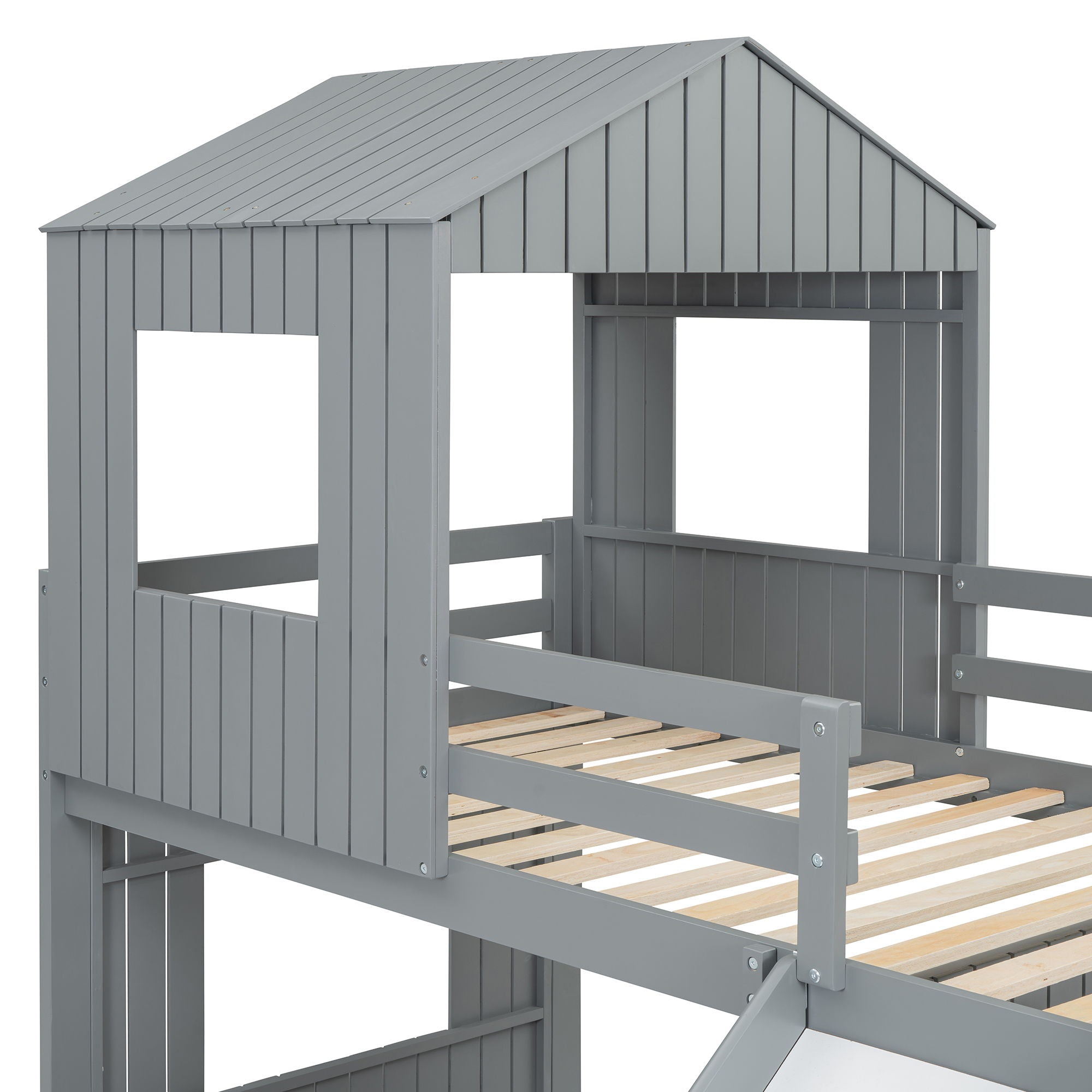 Loft Bunk Bed With Playhouse, Farmhouse, Ladder, Slide And Guardrails