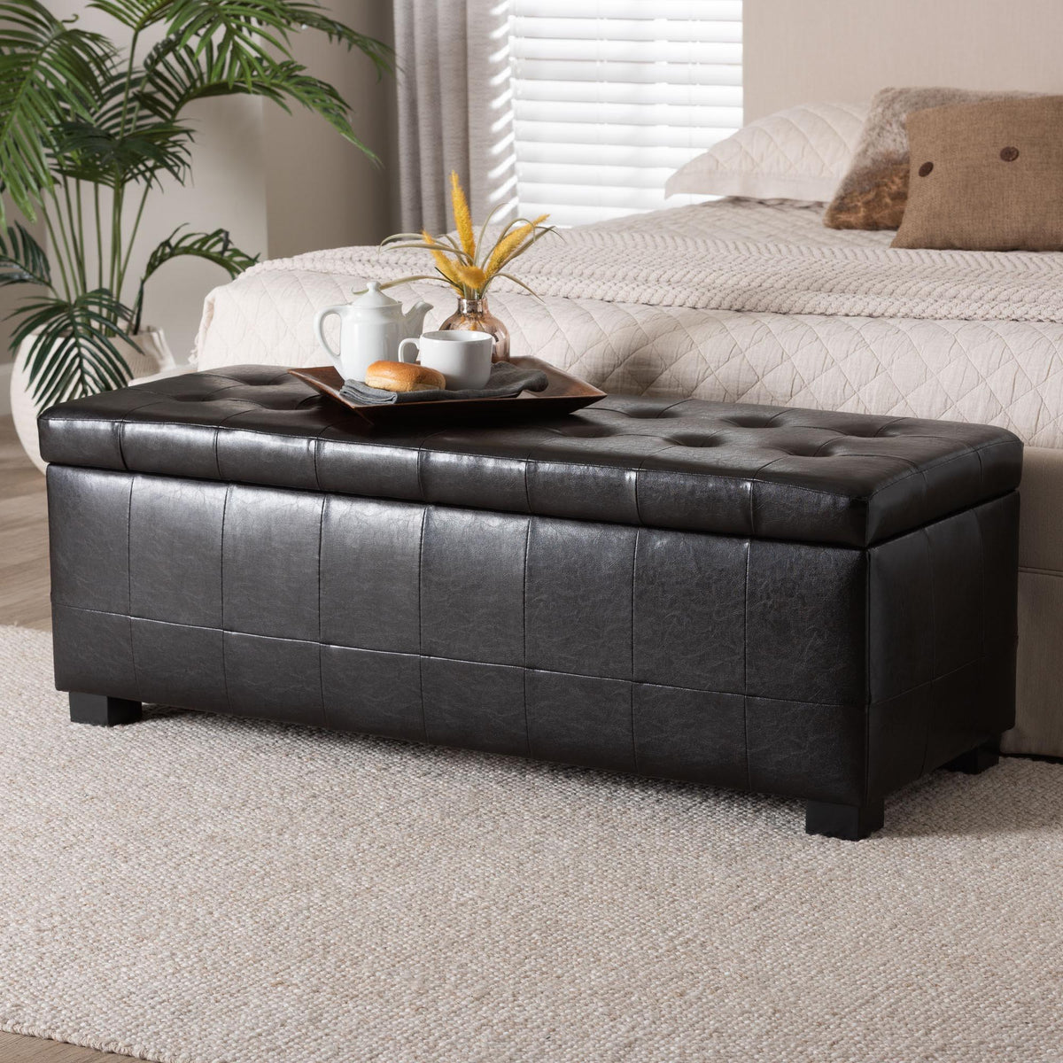 Dark Brown Faux Storage Bench Ottoman with Dimples