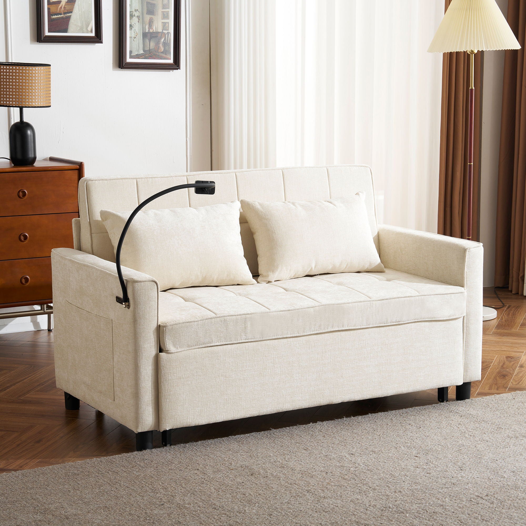 Pull-Out Sleeper Sofa With Reversible Backrest Cushion, Side Pockets, 2 USB Ports And A Phone Holder For Living Room