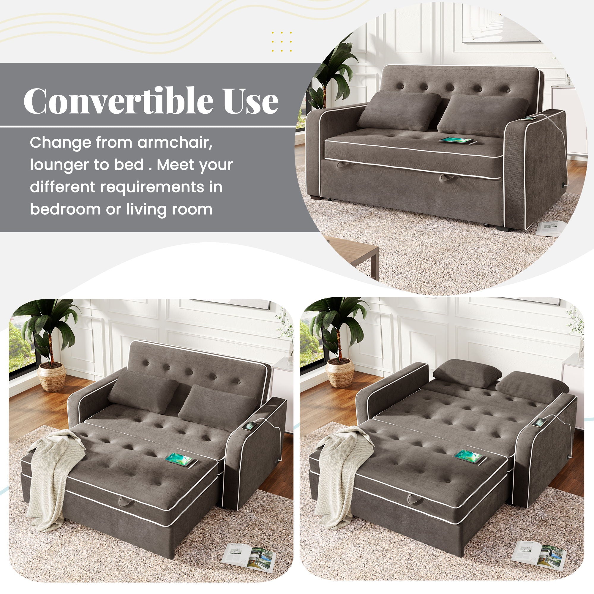 Upholstered Sleeper Bed Sofa With Dual USB Charging, Adjustable Backrest