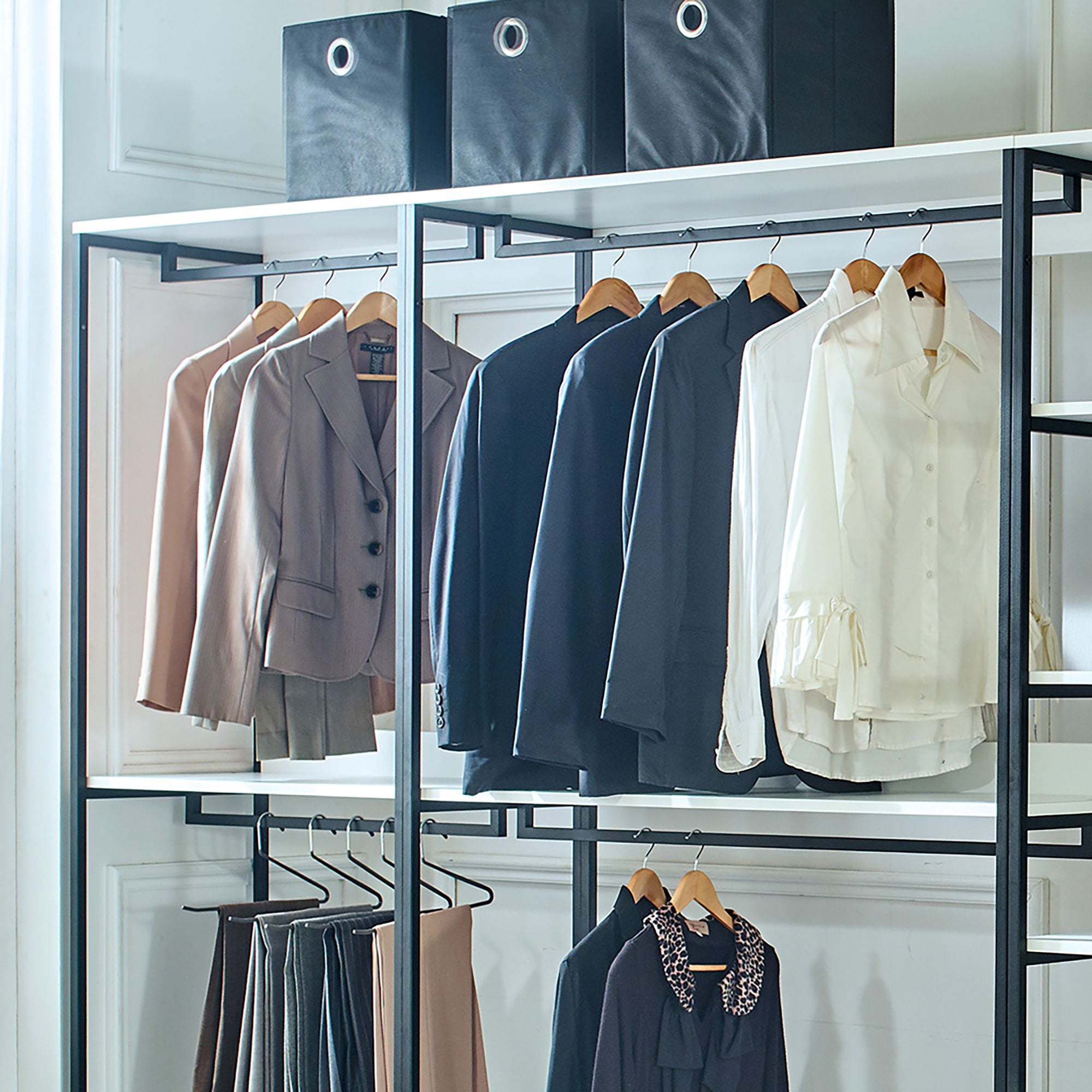 Fiona - Freestanding Walk In Wood Closet System With Metal Frame Durable Storage Solution Melamine - White