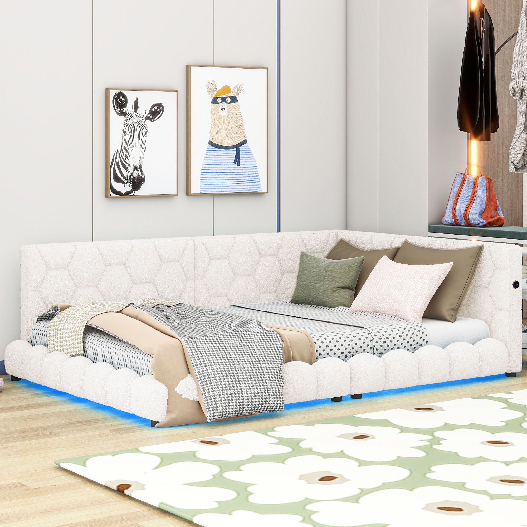 Upholstered Full Size Platform Bed With LED Belt And USB Ports - White