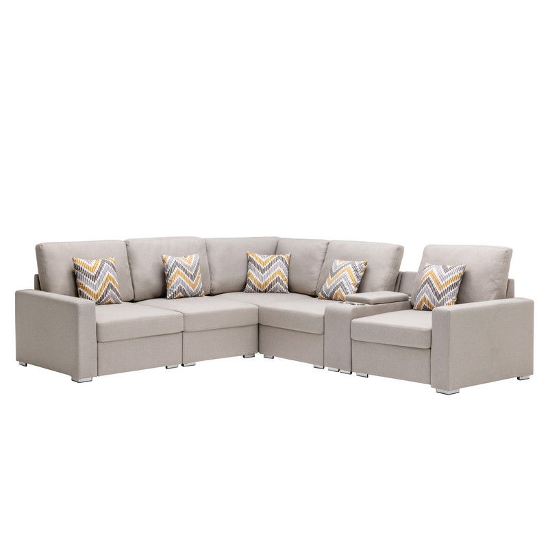 Nolan 106"W Beige Linen Fabric 6Pc Reversible Sectional Sofa with a USB, Charging Ports, Cupholders, Storage Console Table and Pillows and Interchangeable Legs