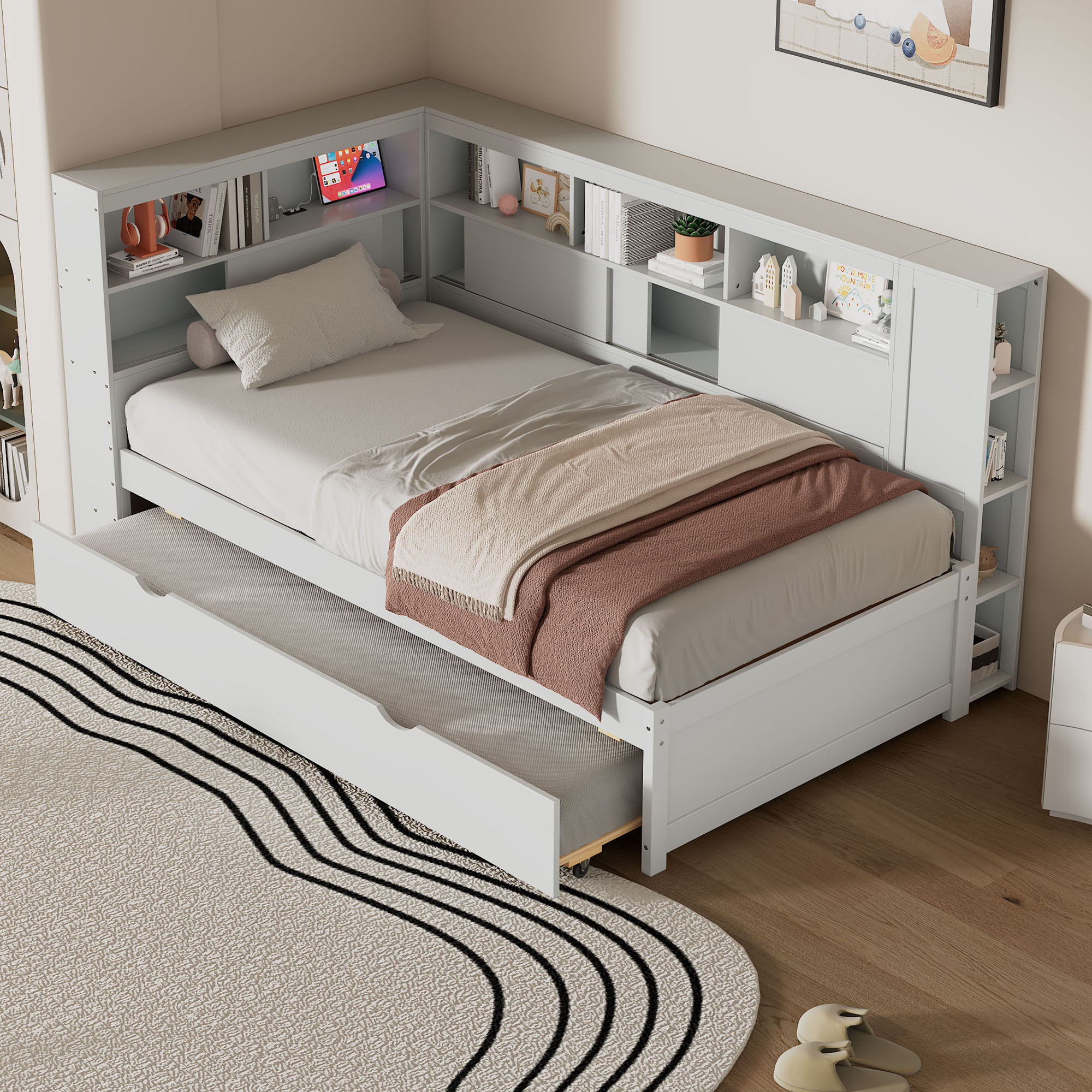 Daybed With Storage Shelves, USB Charging, And Trundle Bed